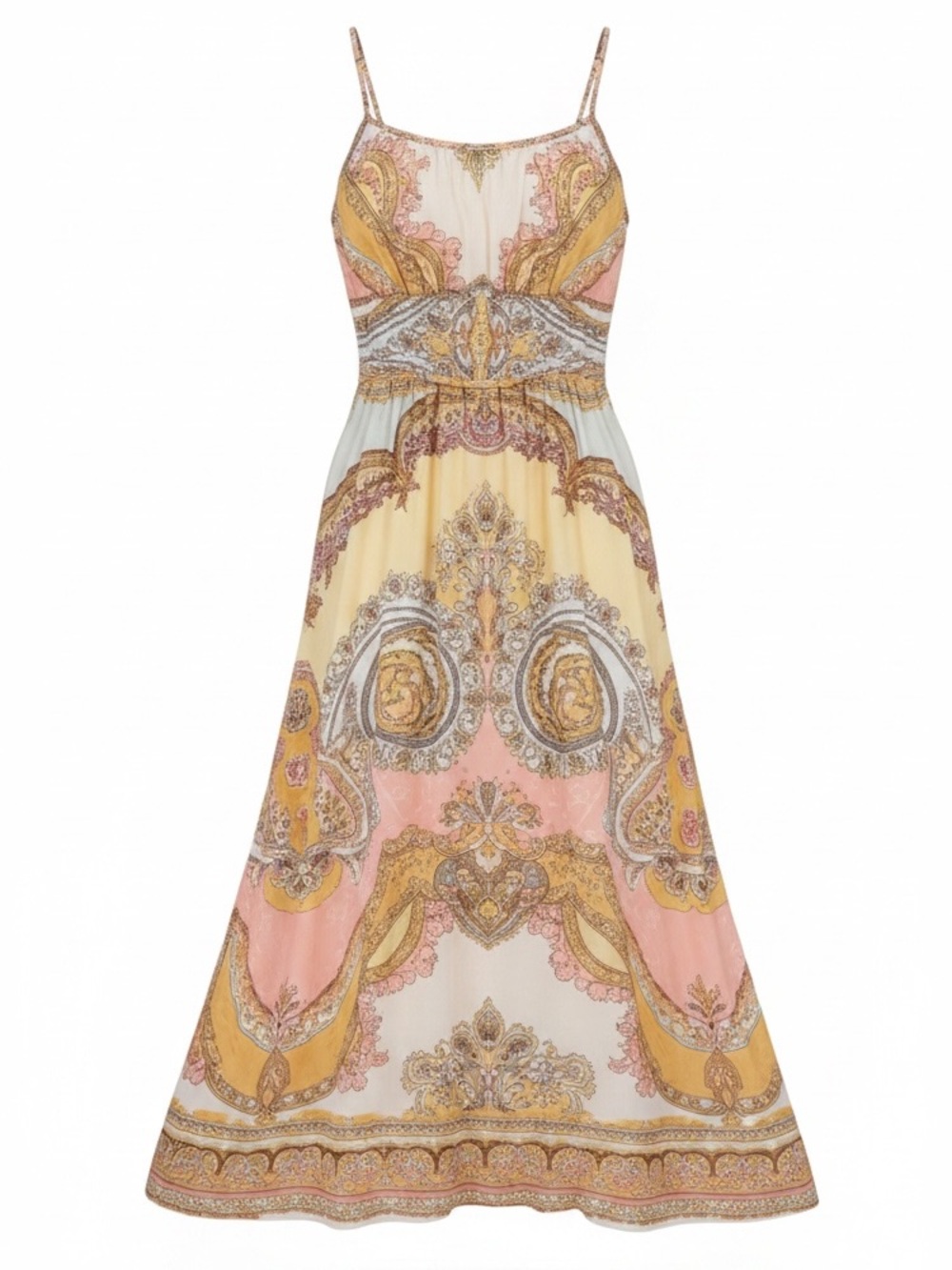 Paisley Print Spaghetti-Strap Maxi Dress - Yellow Pink